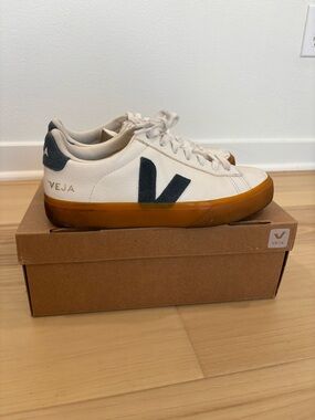 VEJA Leather Sneakers in White with Navy Logo